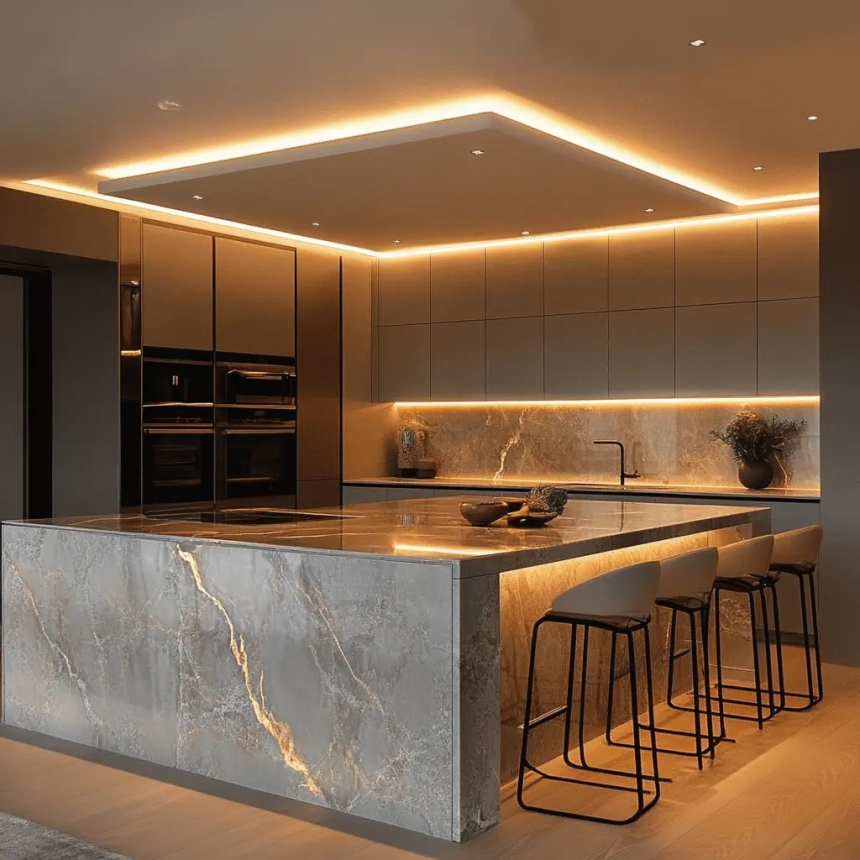 Modern kitchen featuring layered lighting above cabinets and a marble kitchen island for a luxurious ambiance.