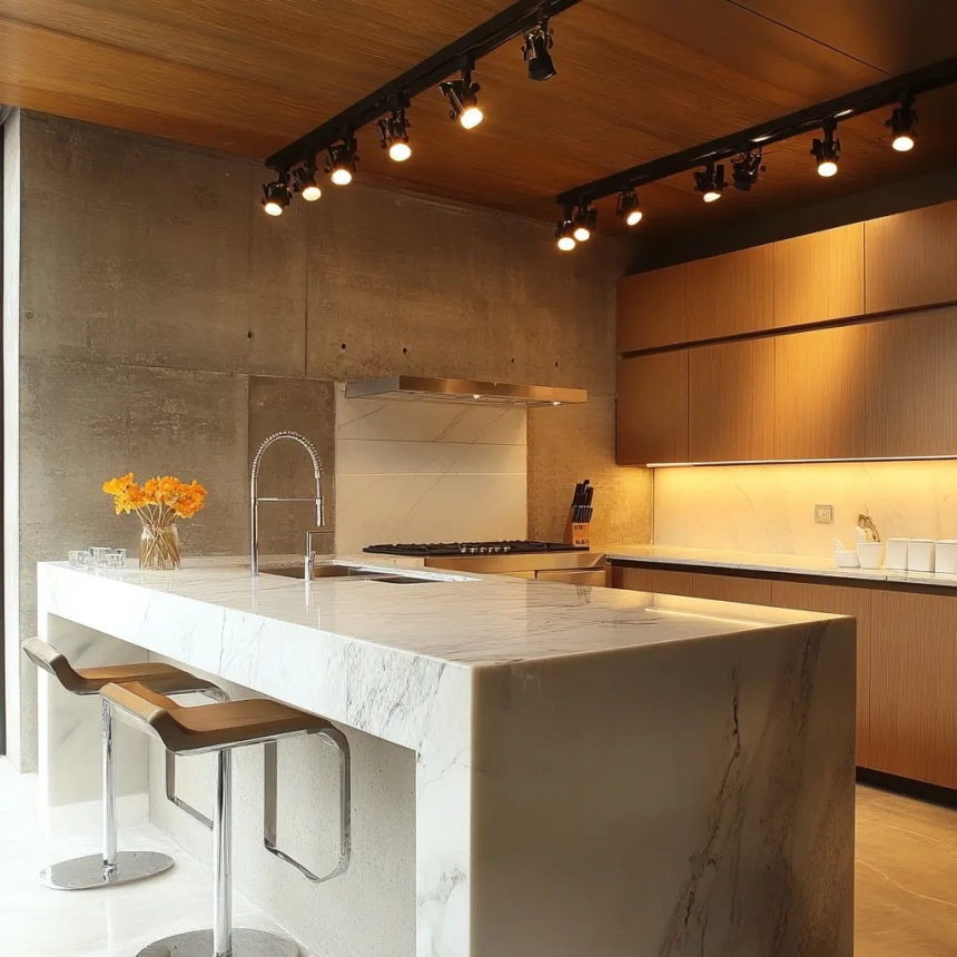 Track-style modern kitchen island light fixtures delivering focused lighting solutions for sleek and functional island designs.