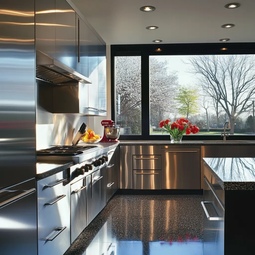 Stainless steel kitchen cabinets reflecting light in a modern kitchen, paired with a sleek kitchen island and black countertops.