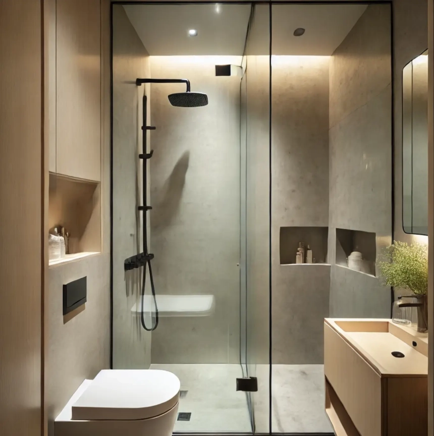 A small bathroom featuring a glass partition separating the shower area, creating a seamless look that keeps the space open and airy. Ideal for small bathroom ideas.