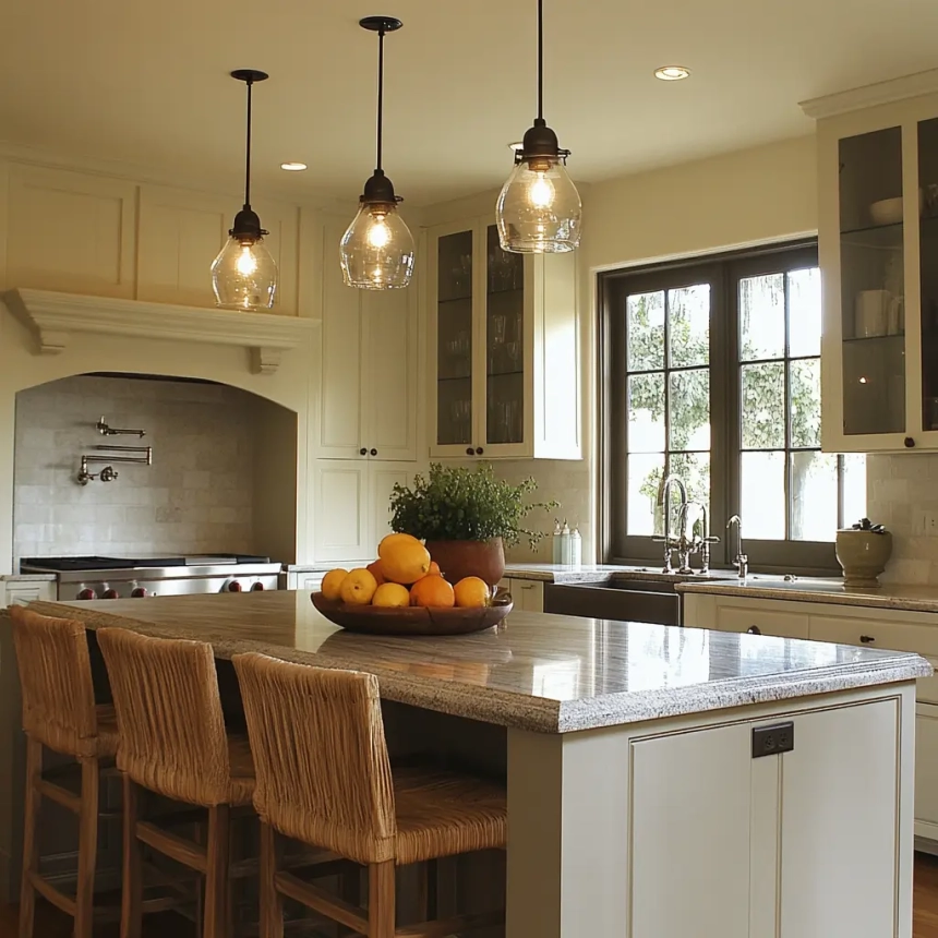 Grouped pendant lighting over a kitchen island, creating a focal point and stylish illumination for the cooking area.