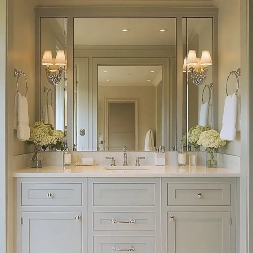 A small master bathroom featuring large mirrors to enhance the space, with light colors and sleek fixtures, designed for a modern small master bathroom remodel.