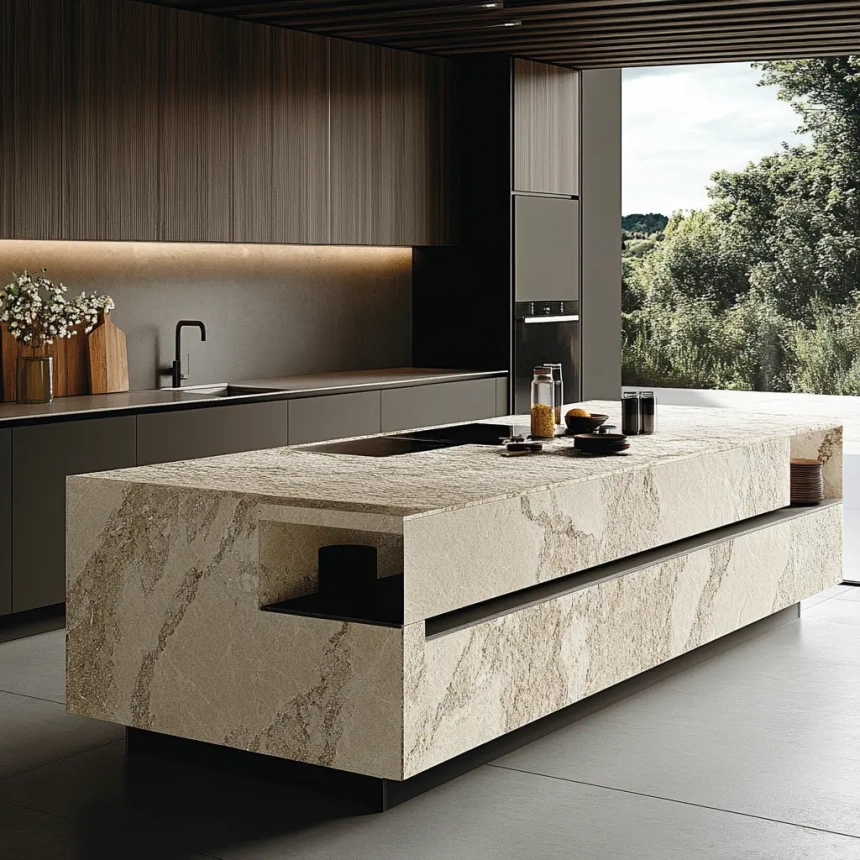 Modern minimalist kitchen island with a textured beige quartz countertop and waterfall edge, set against dark wood cabinetry in an open layout.