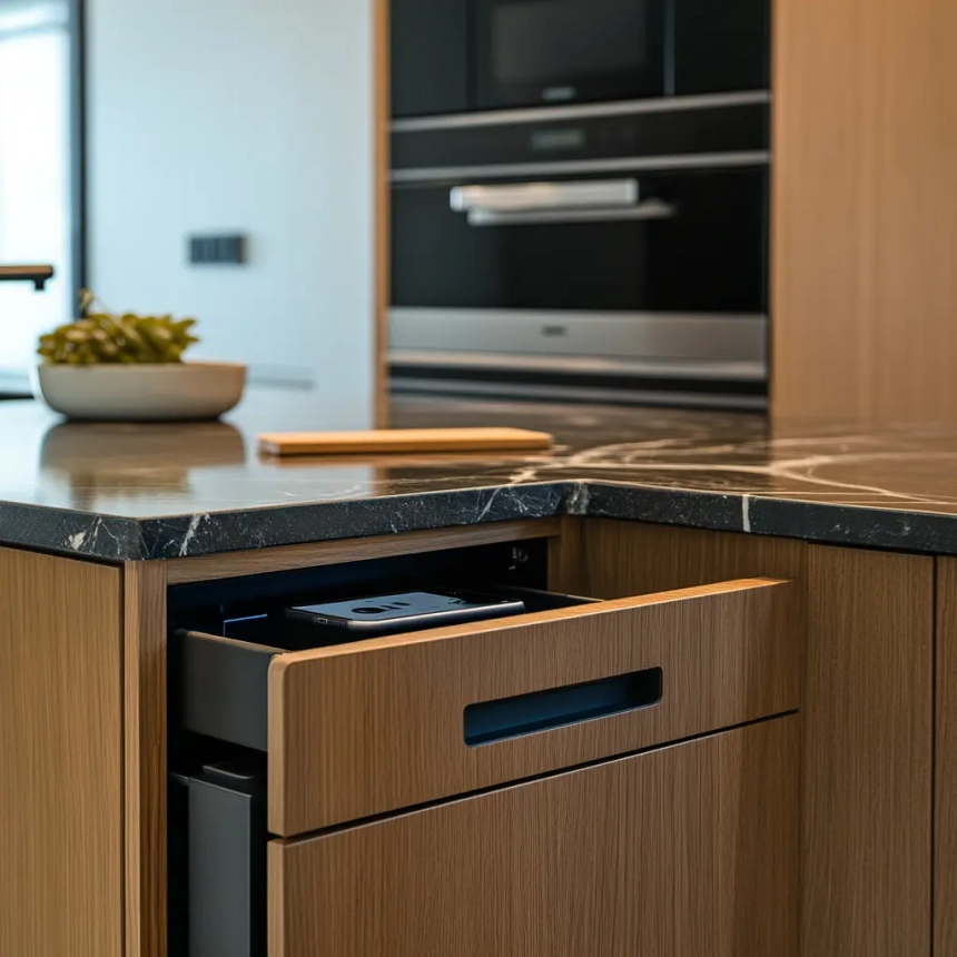 Wooden kitchen cabinet drawer featuring a built-in hidden phone charging station for functional convenience.