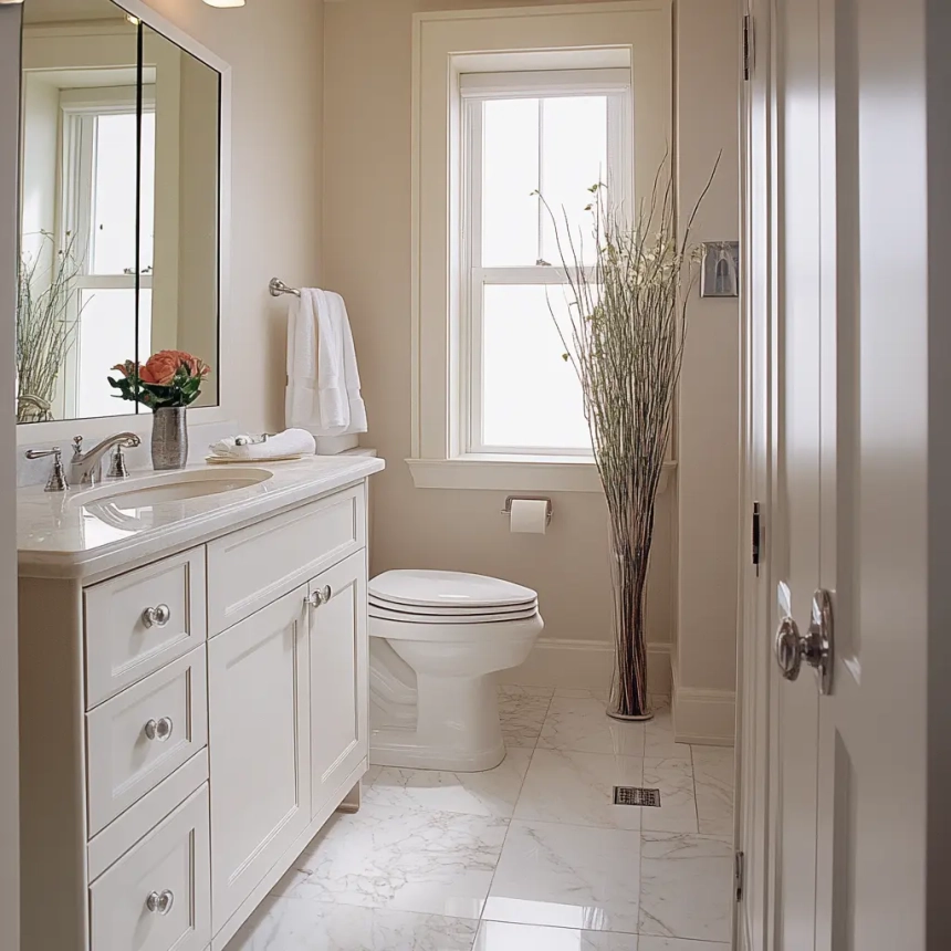 A small bathroom featuring light colors like white and beige, with a minimalist design, modern fixtures, and light marble tile flooring to create a bright, open space.