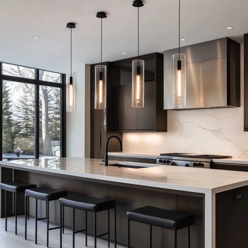 Linear pendant lighting solution for modern kitchen island light fixtures with sleek glass designs.