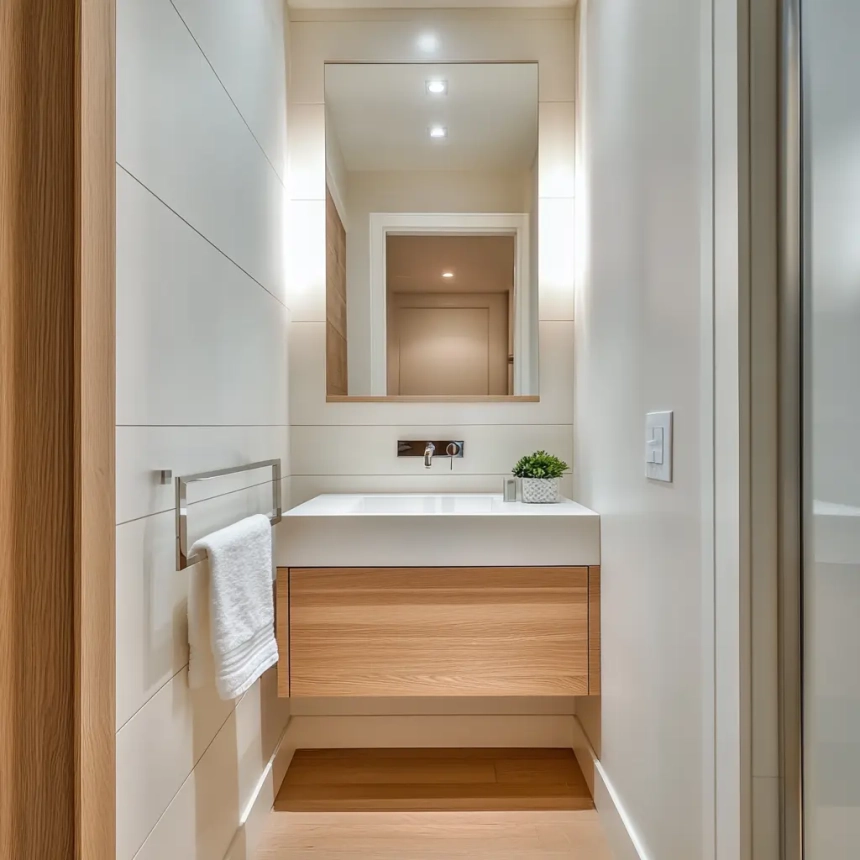 A floating vanity in a narrow bathroom creates a modern look, optimizing floor space and offering additional storage for small spaces.