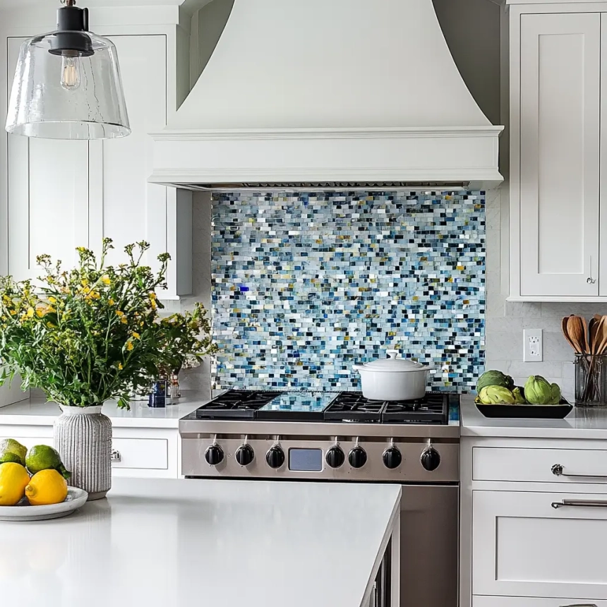 White quartz countertop enhanced by a vibrant glass mosaic backsplash, creating a reflective and visually appealing focal point. Ideal for backsplash ideas for quartz countertop.
