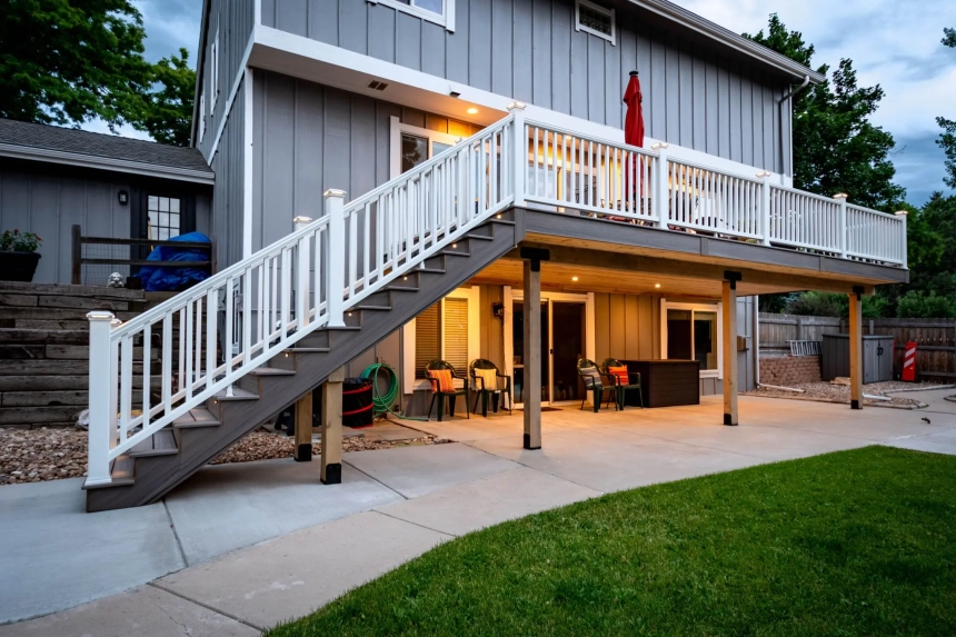 Modern composite decking with horizontal wood-grain boards, white railing, and outdoor dining furniture by local deck builders in Downers Grove, IL