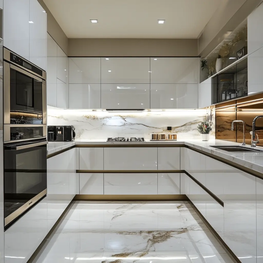 High-gloss white kitchen cabinets with a marble backsplash, highlighting modern style kitchen cabinets in a compact design.