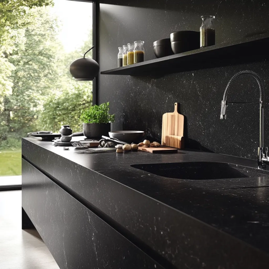 Contemporary kitchen with dark quartz countertop and backsplash, creating a cohesive look against natural outdoor light.