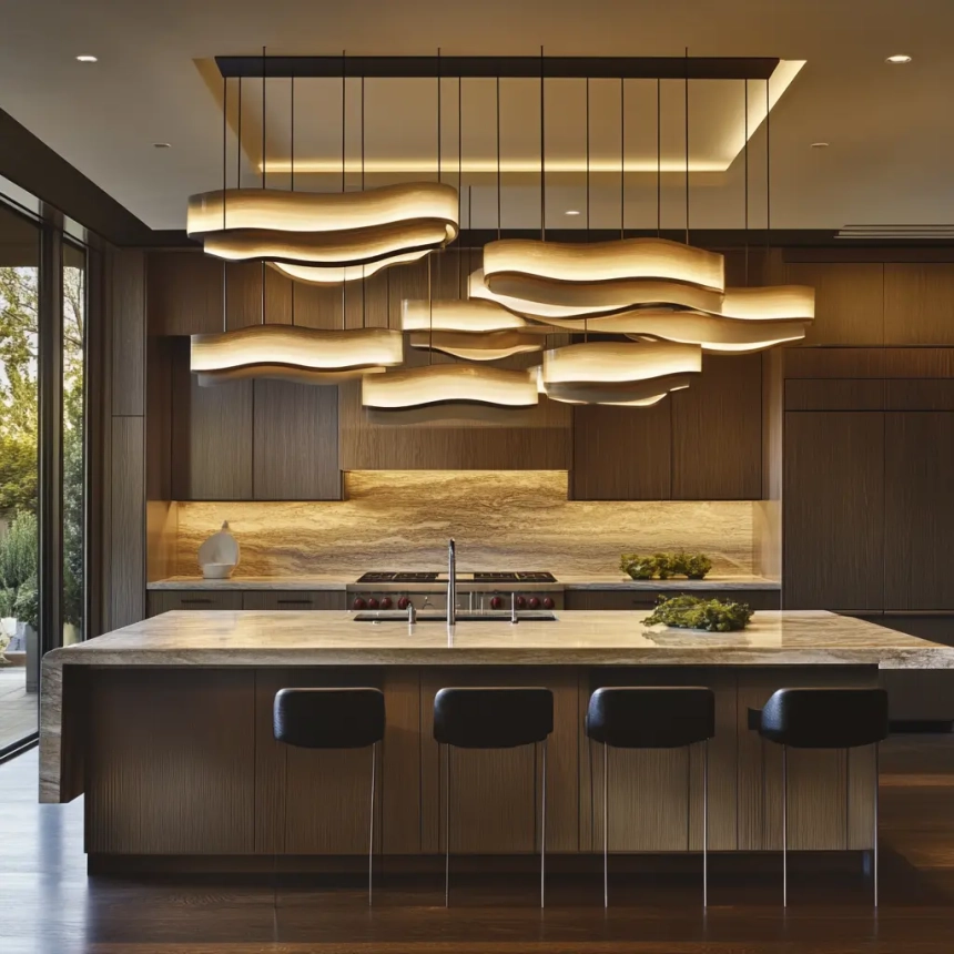 Layered modern kitchen island light fixtures enhancing contemporary kitchen island lighting with depth and sophistication.