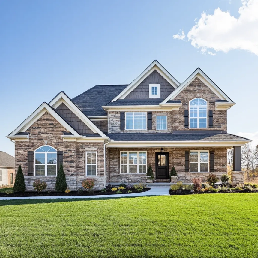 Modern brick home with a new roof installed by a top roofing company in Naperville, IL.