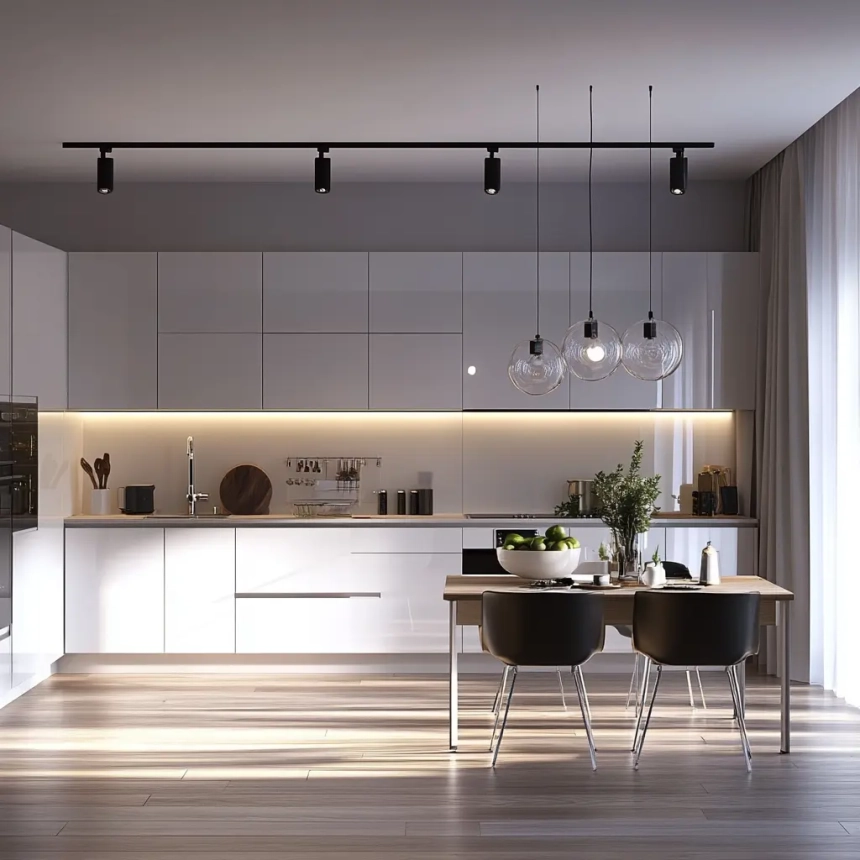 Track lighting setup in a modern kitchen, perfect for directing light on different work areas and decor.