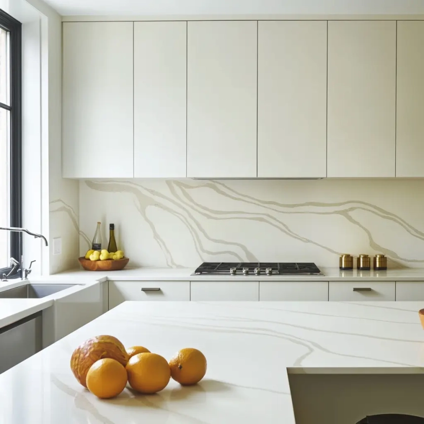 White quartz countertop paired with a matching quartz backsplash, creating a seamless, unified look that enhances the kitchen’s elegance. Ideal for cohesive backsplash ideas for quartz countertop.