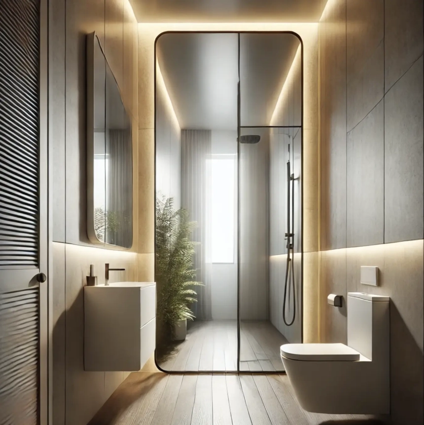 A narrow bathroom featuring a tall, slim mirror reflecting light and making the space feel larger. The modern design enhances the narrow layout, ideal for narrow bathroom ideas and small bathroom designs.