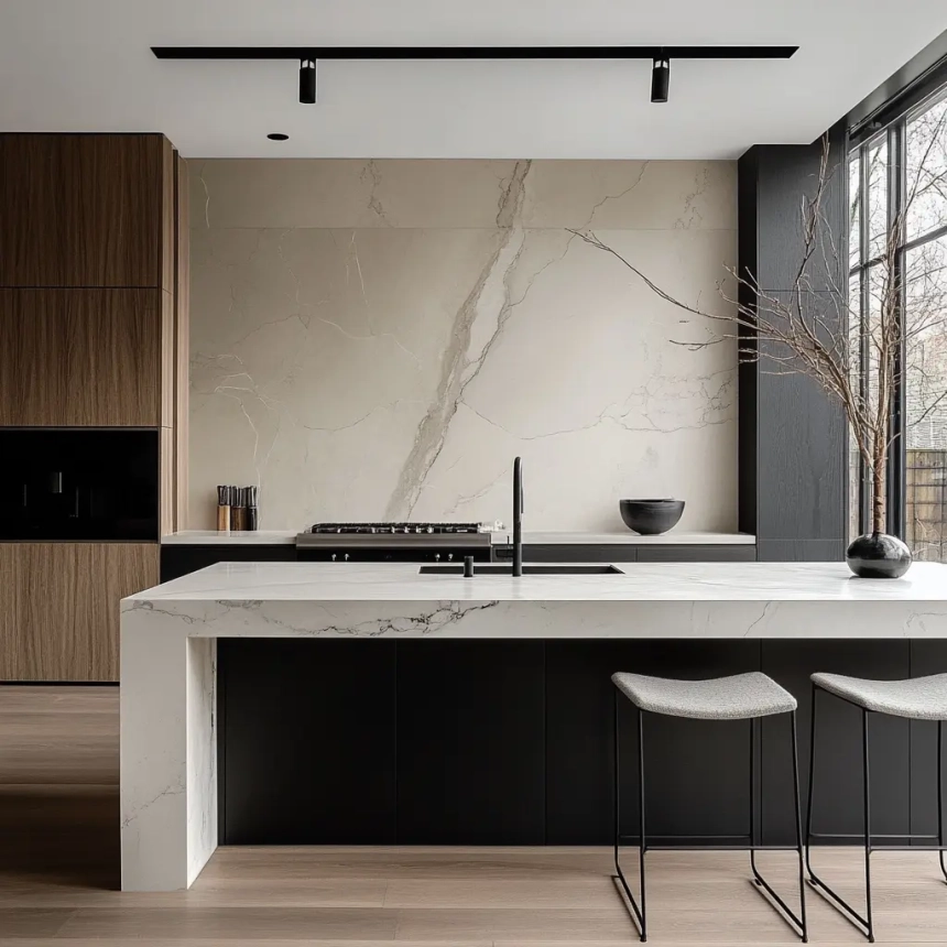 Clean white and gray kitchen backsplash tile for minimalist kitchens.