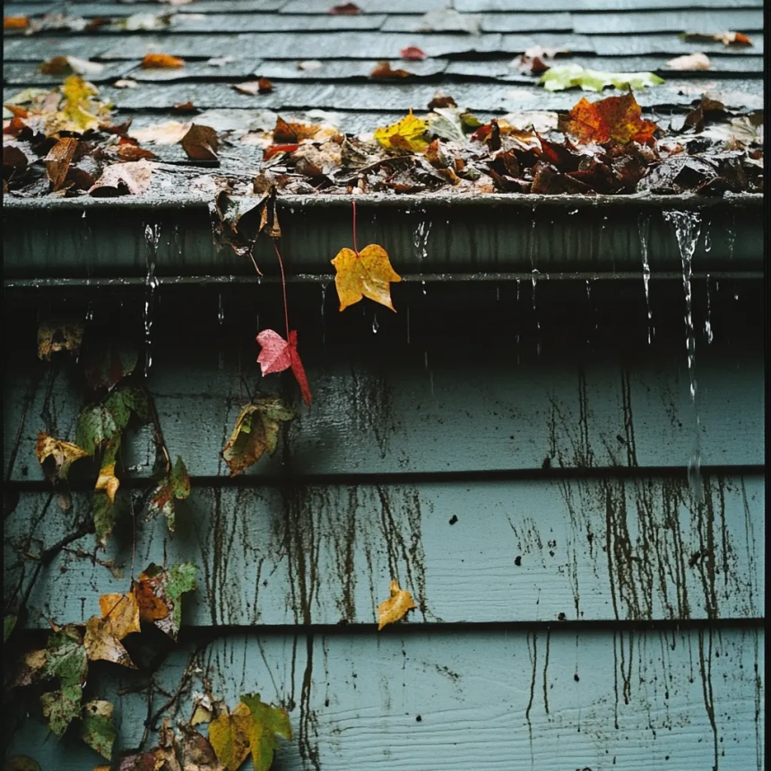 Close-up of clogged gutters filled with leaves and debris, causing water to overflow and streak down the siding, indicating potential roof leaks.