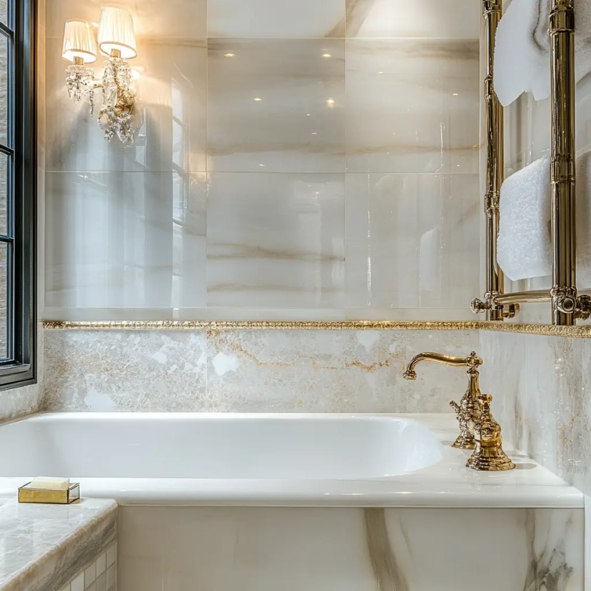 Bathroom with luxurious porcelain tile backsplash, combining elegance and functionality in this stylish bathroom renovation.
