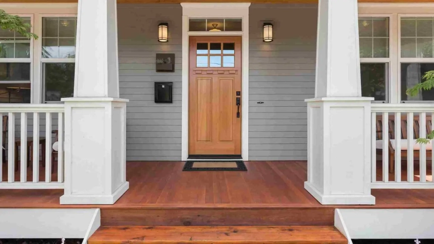 Front door deck idea with wood planks, craftsman-style entry door, and traditional white railing.