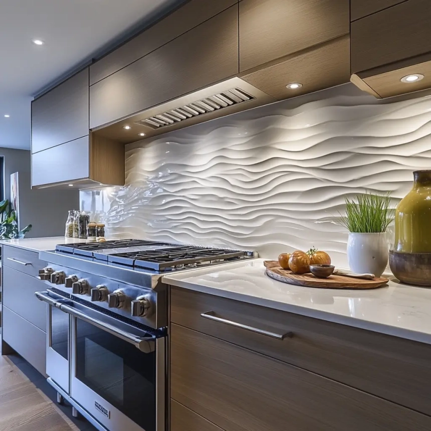 Textured kitchen backsplash tile in soft white, giving the kitchen a modern and elegant look with a subtle wave pattern.