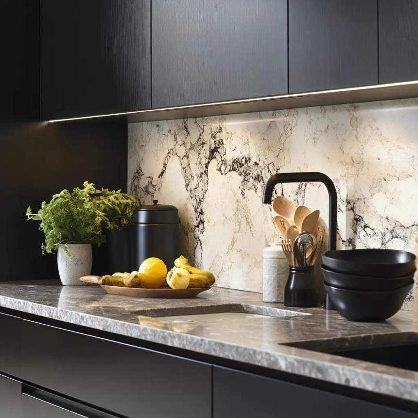 A modern kitchen with black cabinetry and a bold, high-contrast quartz backsplash showcasing dramatic black and white veining. The countertop is styled with fresh herbs and kitchen essentials, creating a sleek and contemporary look.