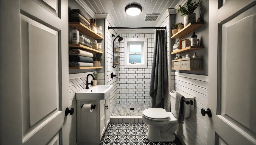 A finished small bathroom with a DIY remodel featuring modern fixtures, clean tiles, fresh paint, and new shelving. Ideal for a DIY bathroom remodel.