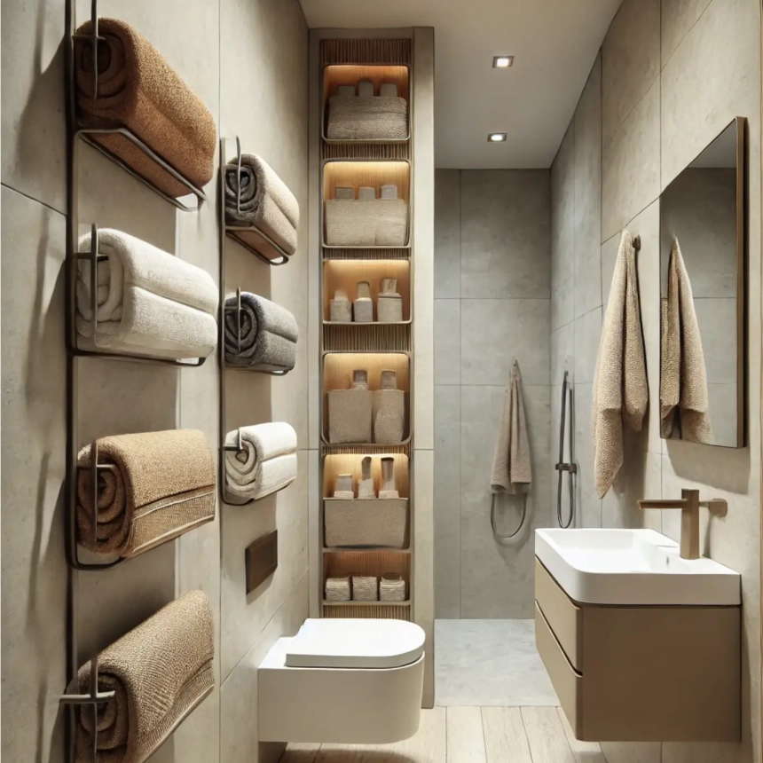 A narrow bathroom featuring compact towel racks mounted on the wall, designed to free up space and keep the room organized. Ideal for narrow bathroom ideas and small bathroom designs.