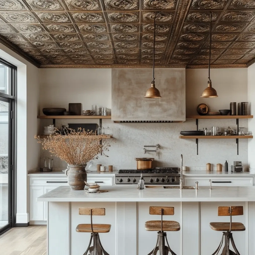 Vintage ceiling fixtures in a rustic kitchen setting, adding charm and character to the kitchen lighting design.