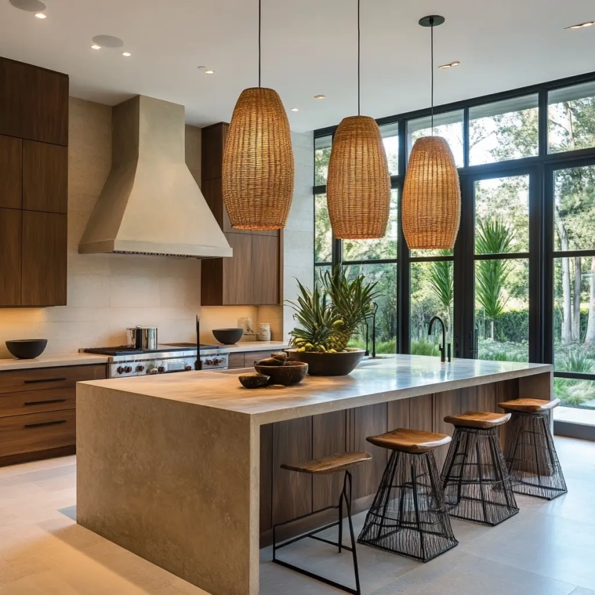 Island lights for kitchen ideas with wood-accent pendant lighting for a natural and contemporary touch.