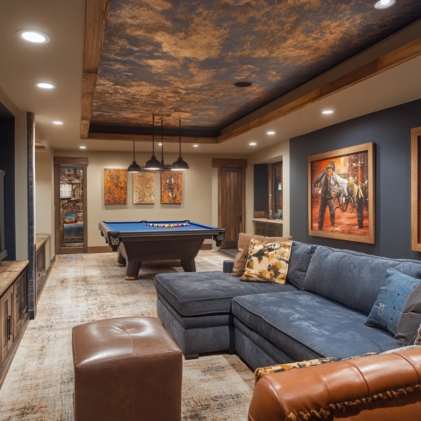 Luxury basement remodel by a general contractor in Wheaton, IL, featuring a game area and high-quality finishes.