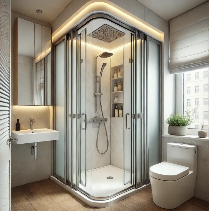 A small bathroom featuring folding shower doors that fold inward, designed to save space in tight areas while maintaining a modern and open feel.