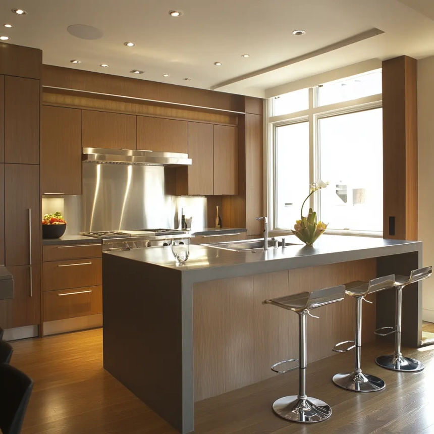 Ceiling-high kitchen cabinets maximizing storage space, showcasing a modern designer touch for a small kitchen.