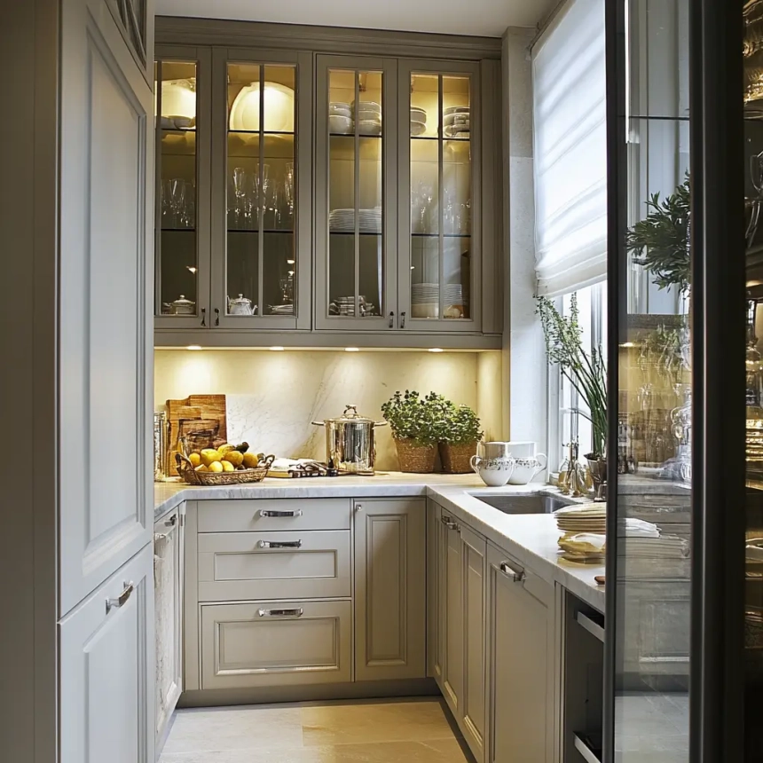 Compact kitchen with glass-front cabinets, ideal for displaying dishware and creating an open and airy feel.