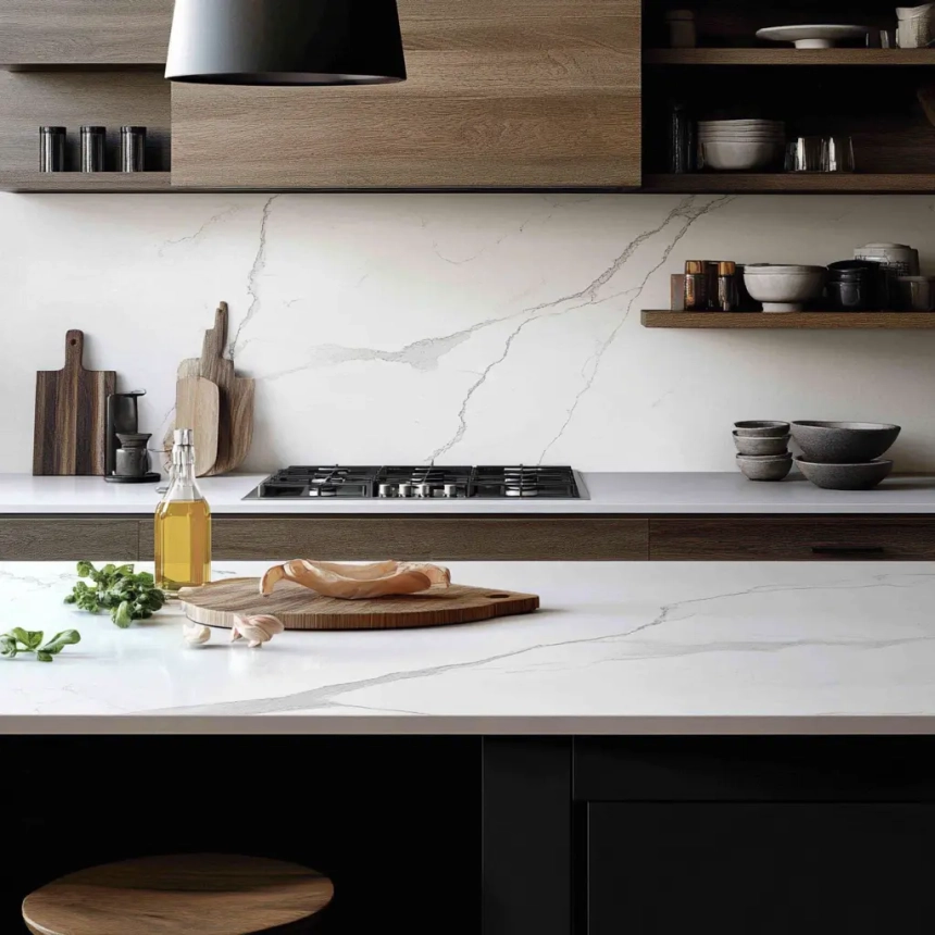 Neutral porcelain tile backsplash complements the white quartz countertop, creating a cohesive and minimalist kitchen design. A stylish option for backsplash ideas for quartz countertop.