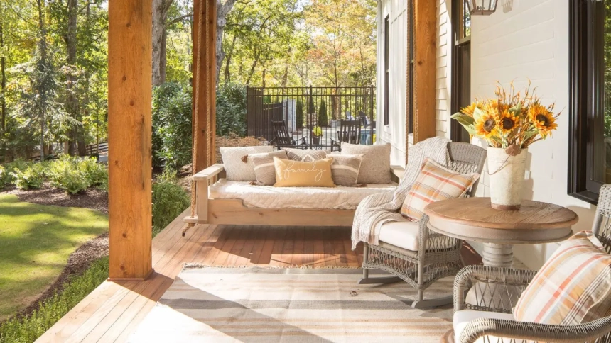 Rustic front porch and deck idea with wooden swing bed, wicker chairs, and farmhouse decor.