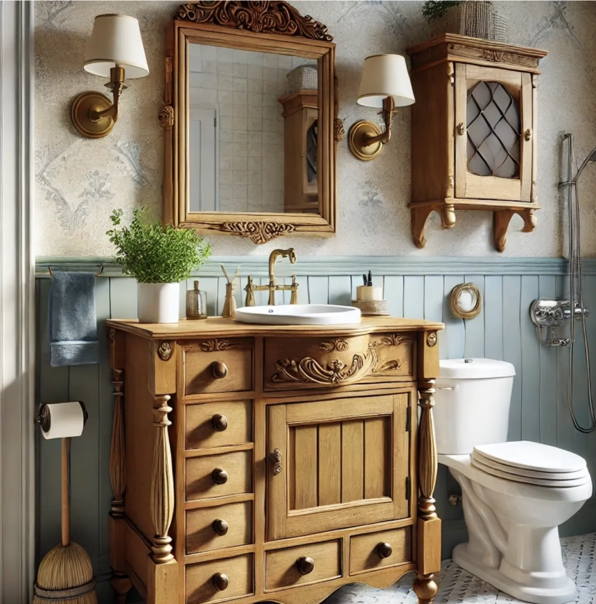A small bathroom featuring repurposed furniture, such as a vintage dresser turned into a vanity, adding character while maximizing storage. Perfect for DIY bathroom remodel ideas.