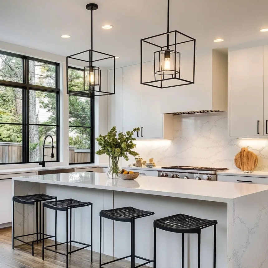 Modern kitchen island light fixtures with cage-style designs, providing a contemporary and edgy look for the space.