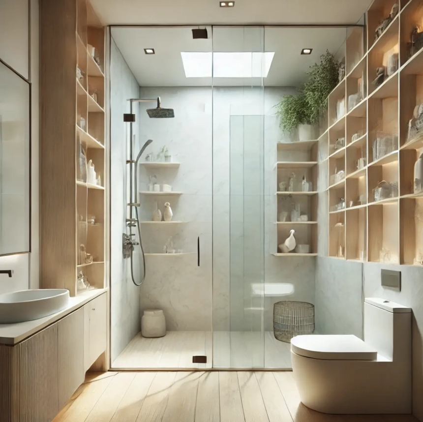 A small bathroom featuring glass shower doors and glass shelves, allowing natural light to flow through and creating an open, airy feel. Perfect for small bathroom ideas.