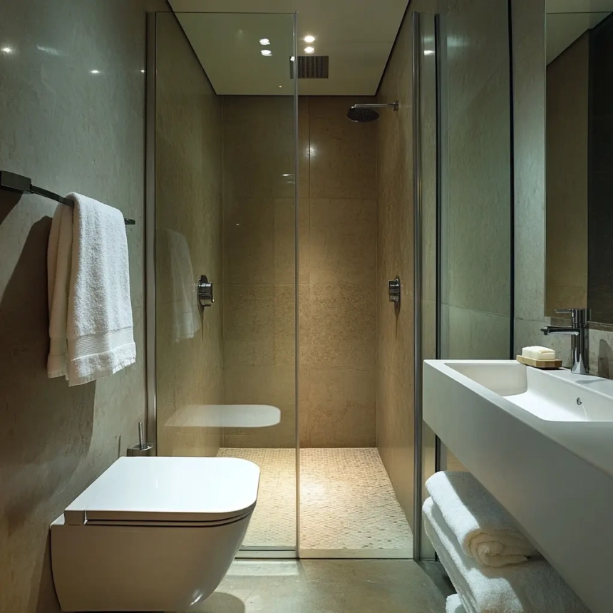 A modern narrow small bathroom layout featuring a sleek walk-in shower with frameless glass, maximizing space in a compact design.