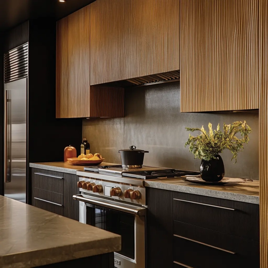 Contemporary kitchen featuring textured cabinet doors with a natural wood finish for added depth and visual interest.
