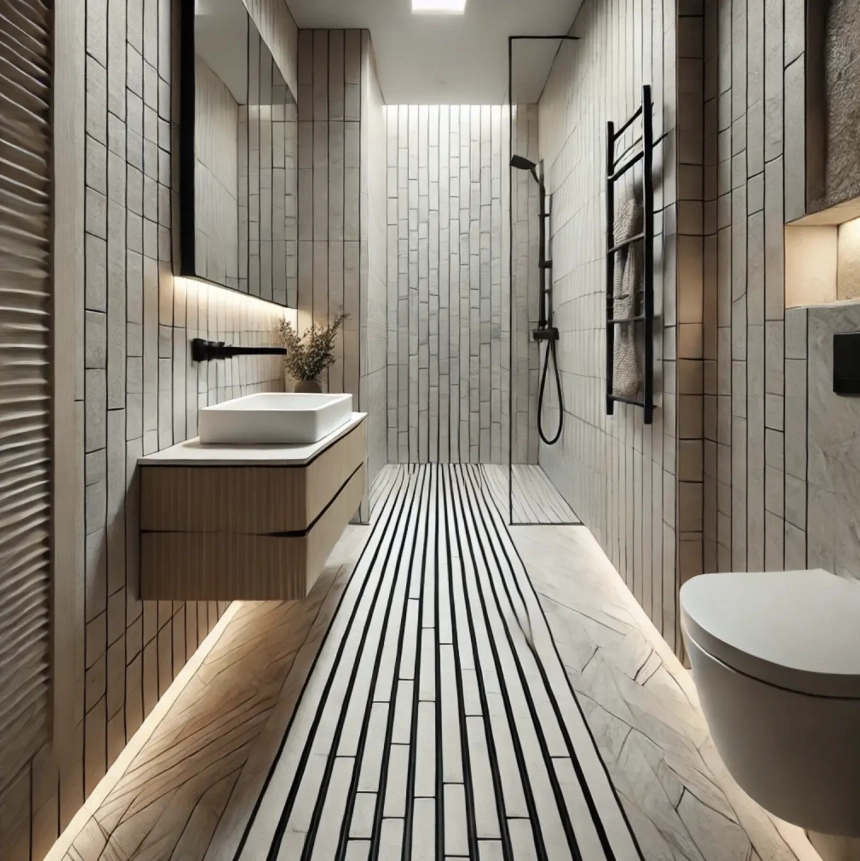 A small, narrow bathroom featuring long, narrow tiles on the floor, designed to elongate the space and make it feel larger. The modern tile design adds a sleek and stylish touch, perfect for narrow bathroom ideas.
