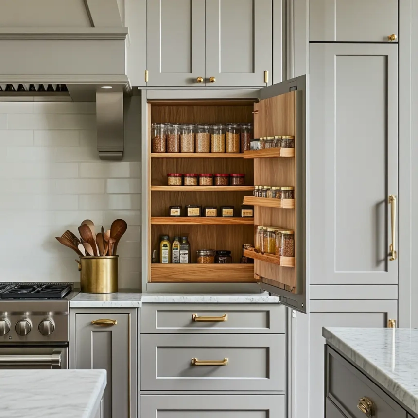 Inside of a kitchen cabinet featuring a built-in spice rack, combining practical kitchen cabinet ideas with smart storage.