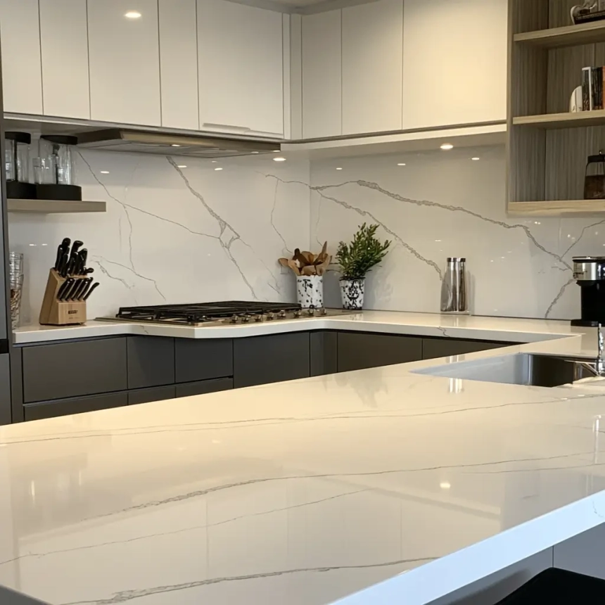 Sleek kitchen with a white quartz countertop paired with large-format tiles as a backsplash, minimizing grout lines for a clean, seamless look. Ideal for those seeking backsplash ideas for quartz countertops.