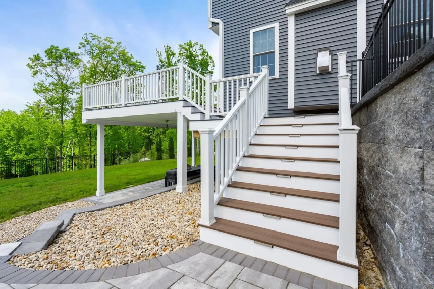 Brown diagonal composite decking with white bench and lush green view, created by Trex deck builders in Downers Grove, IL