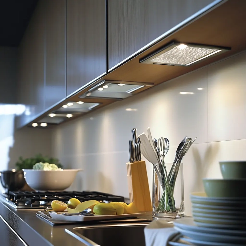 Adjustable under-cabinet task lights in a sleek kitchen, perfect for focused cooking and food prep lighting.
