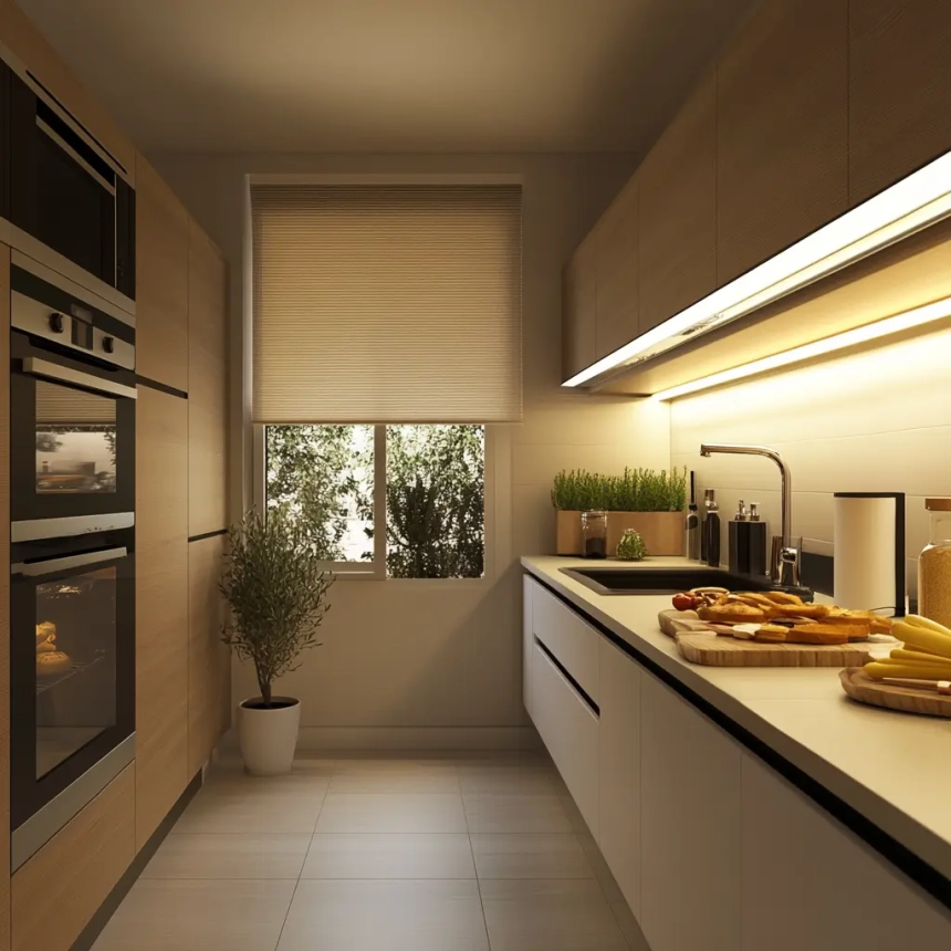 Modern galley kitchen featuring LED under-cabinet lighting, highlighting minimalist cabinetry and clean lines.