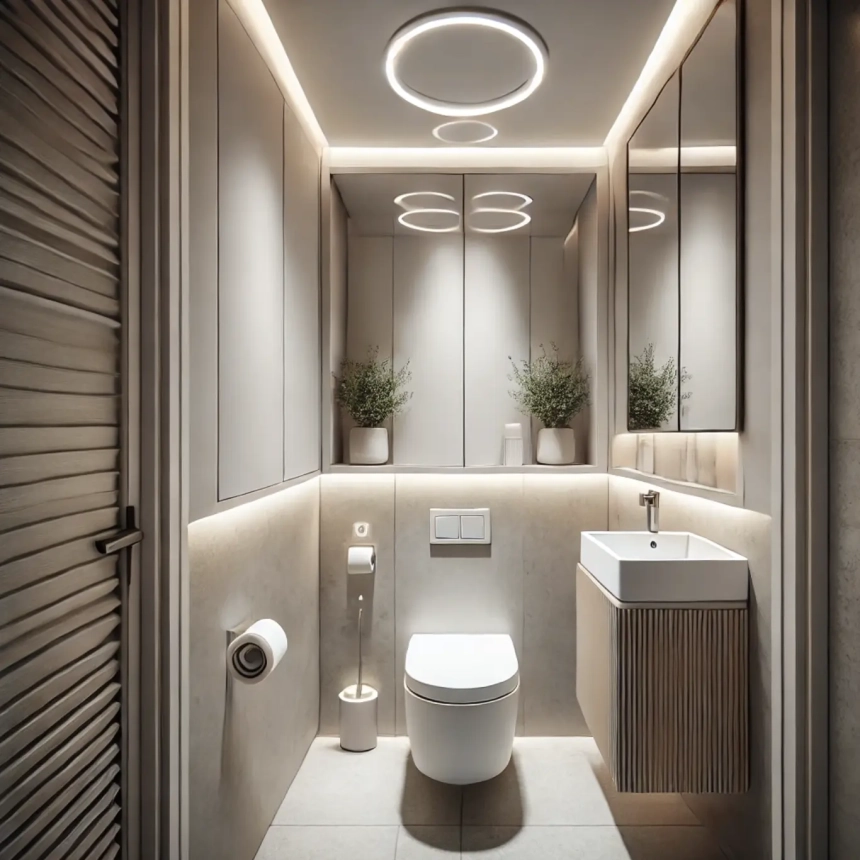 A small bathroom with recessed lighting, featuring modern fixtures that blend into the ceiling, keeping the space uncluttered while providing bright, focused light. Ideal for small bathroom ideas.
