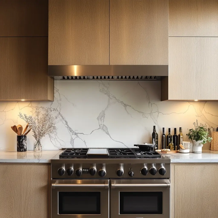 Wood cabinets with an integrated range hood, combining a seamless kitchen feel with practical modern kitchen cabinet ideas.