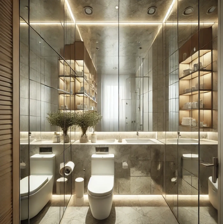 A small bathroom featuring mirrored walls that reflect light and visually expand the space, making the room feel larger. Ideal for small bathroom decorating ideas.